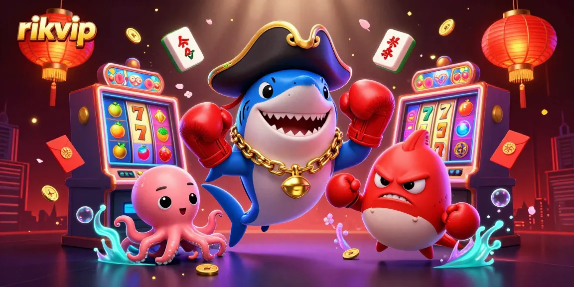 Spin to win with rikvip, featuring vibrant slot machines, a shark captain, and playful sea creatures