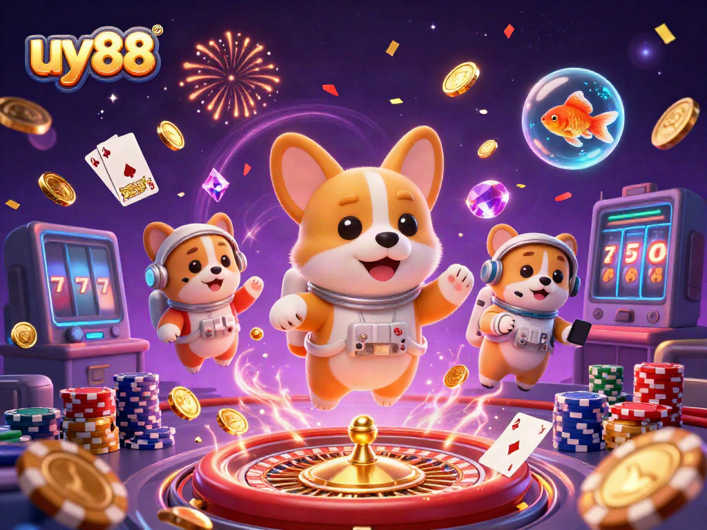 Experience fun at uy88 with a floating corgi and gaming elements in a vibrant casino atmosphere.