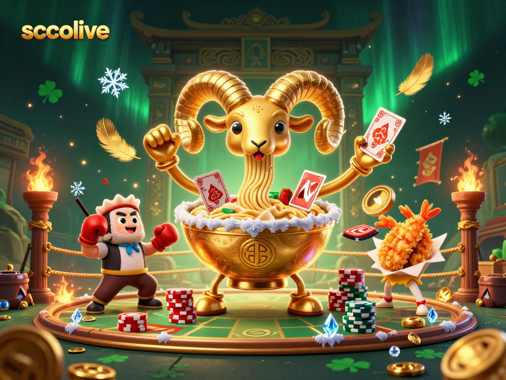Socolive showcases an action-packed 3D casino scene with a golden ramen bowl dealer and colorful characters.