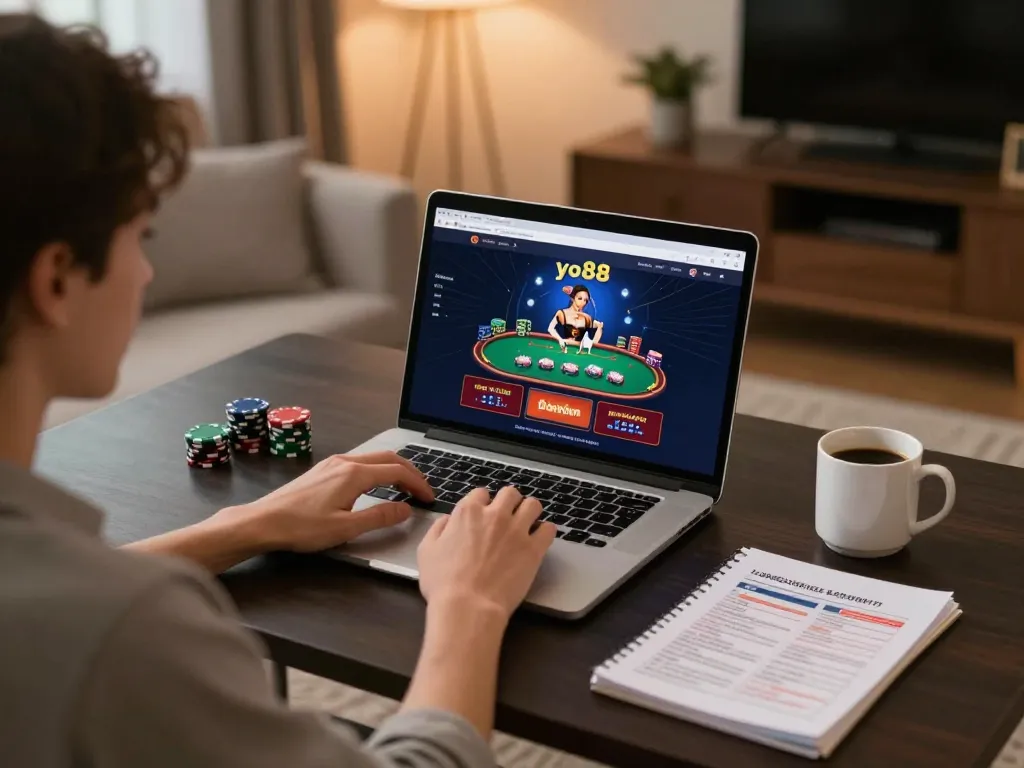 A player engages in online yo88 casino gaming at home with strategic notes and a laptop.