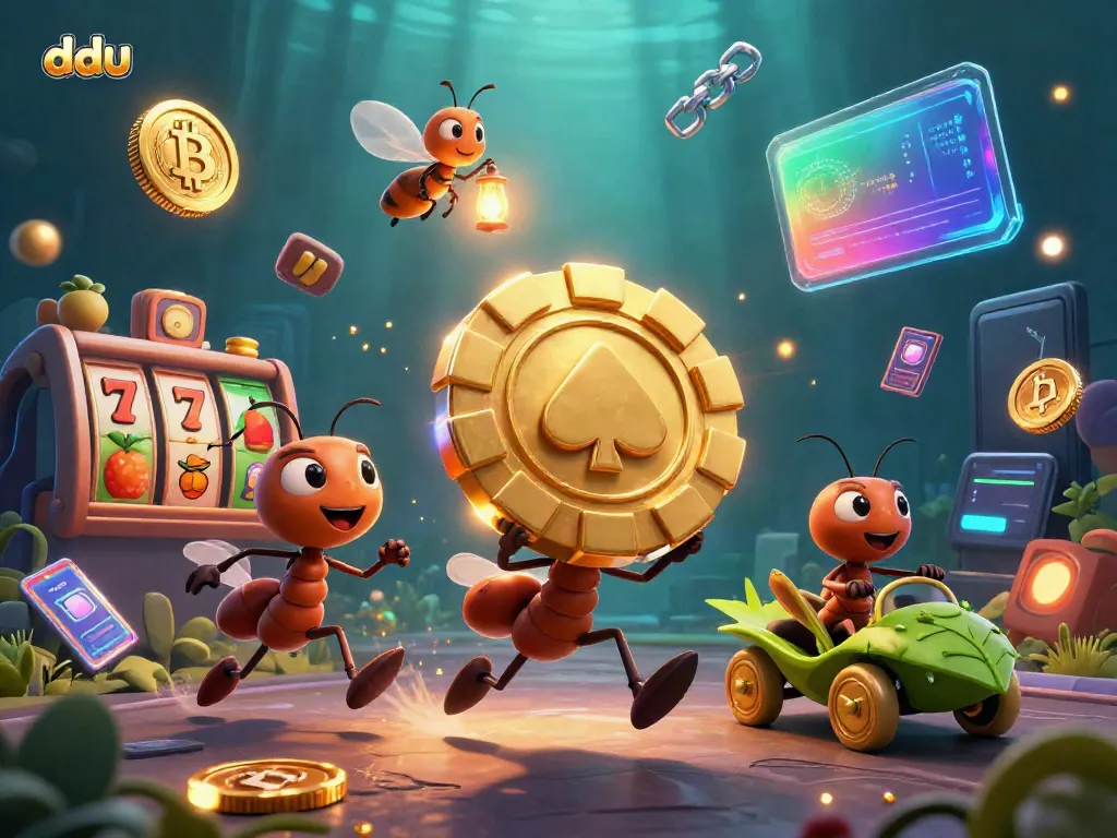 Watch the dduu ants steal a giant poker chip amidst vibrant casino elements in this fun illustration.