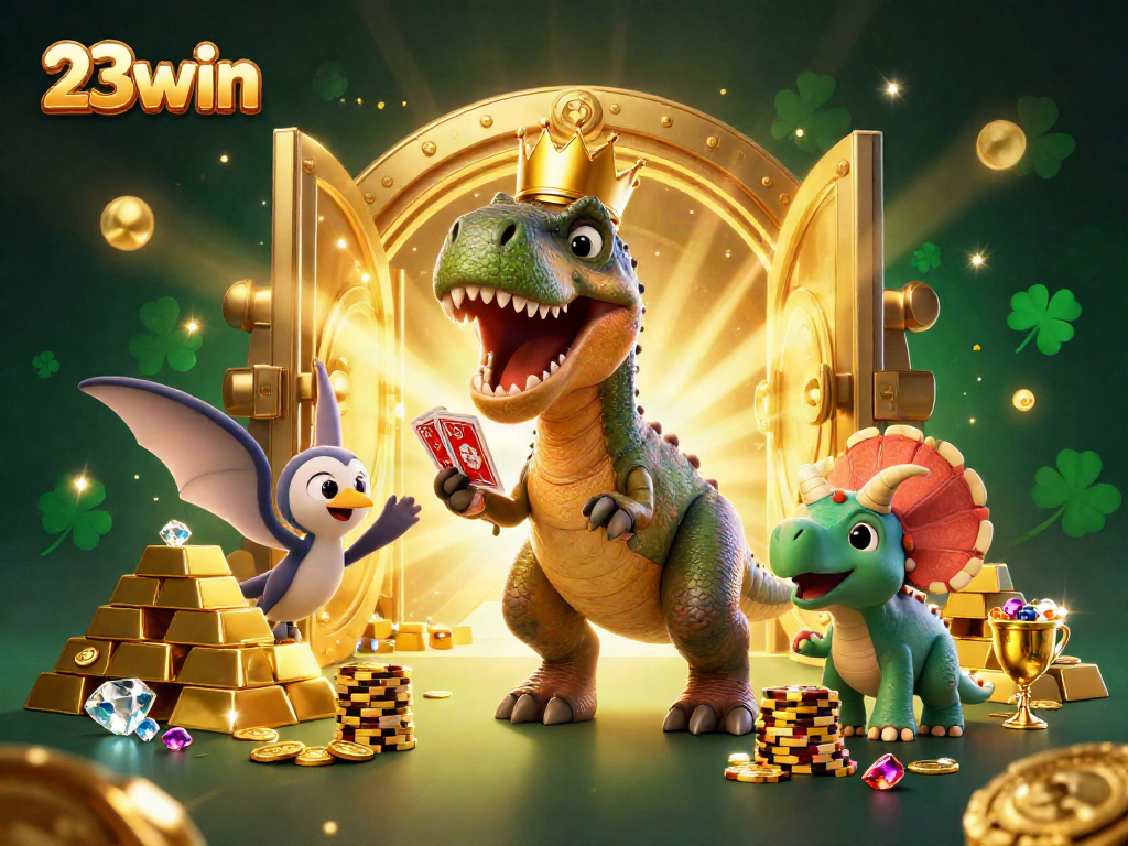 Experience the exhilarating world of 23win with a vibrant casino scene featuring animated characters and rich treasures.