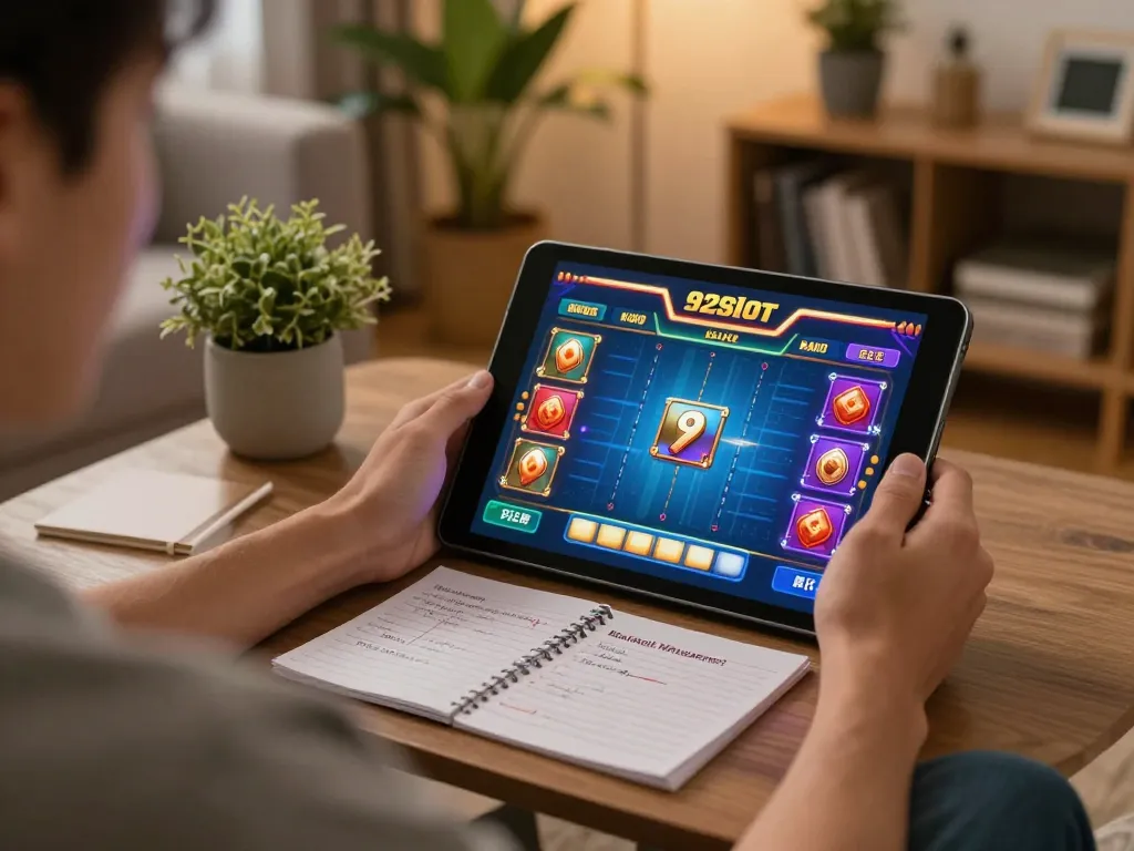 Engaging in online gaming on 92slot while managing bankroll in a cozy home setting.