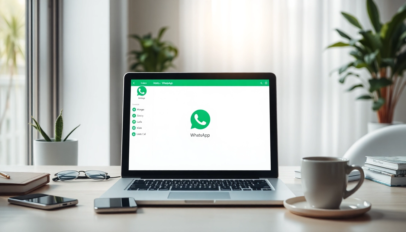 Engaging workspace featuring WhatsApp网页版 on a laptop screen with a smartphone and coffee for a seamless communication experience.