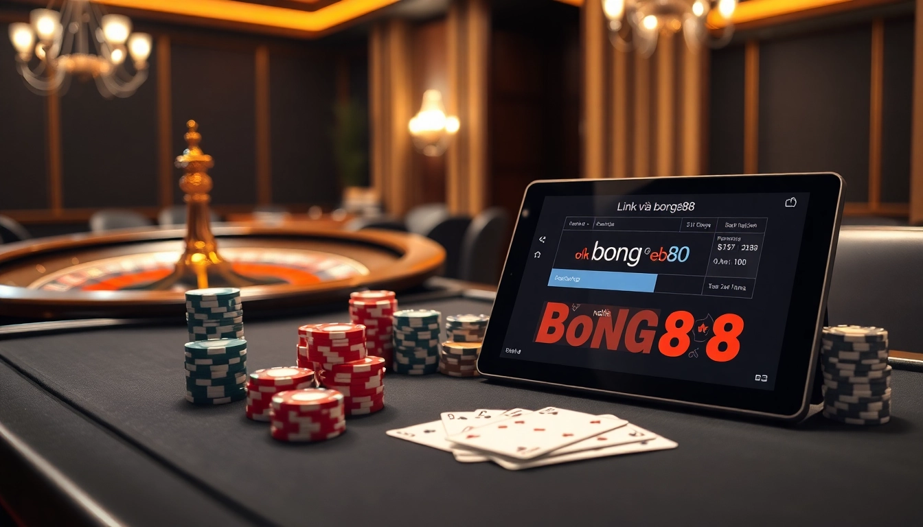 Gambling excitement with Link vào bong88 displayed on a smartphone at a luxurious poker table.