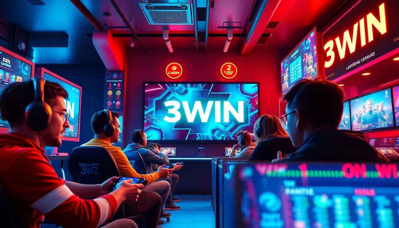 3WIN gaming lounge with players immersed in competitive play, showcasing excitement and modern entertainment.