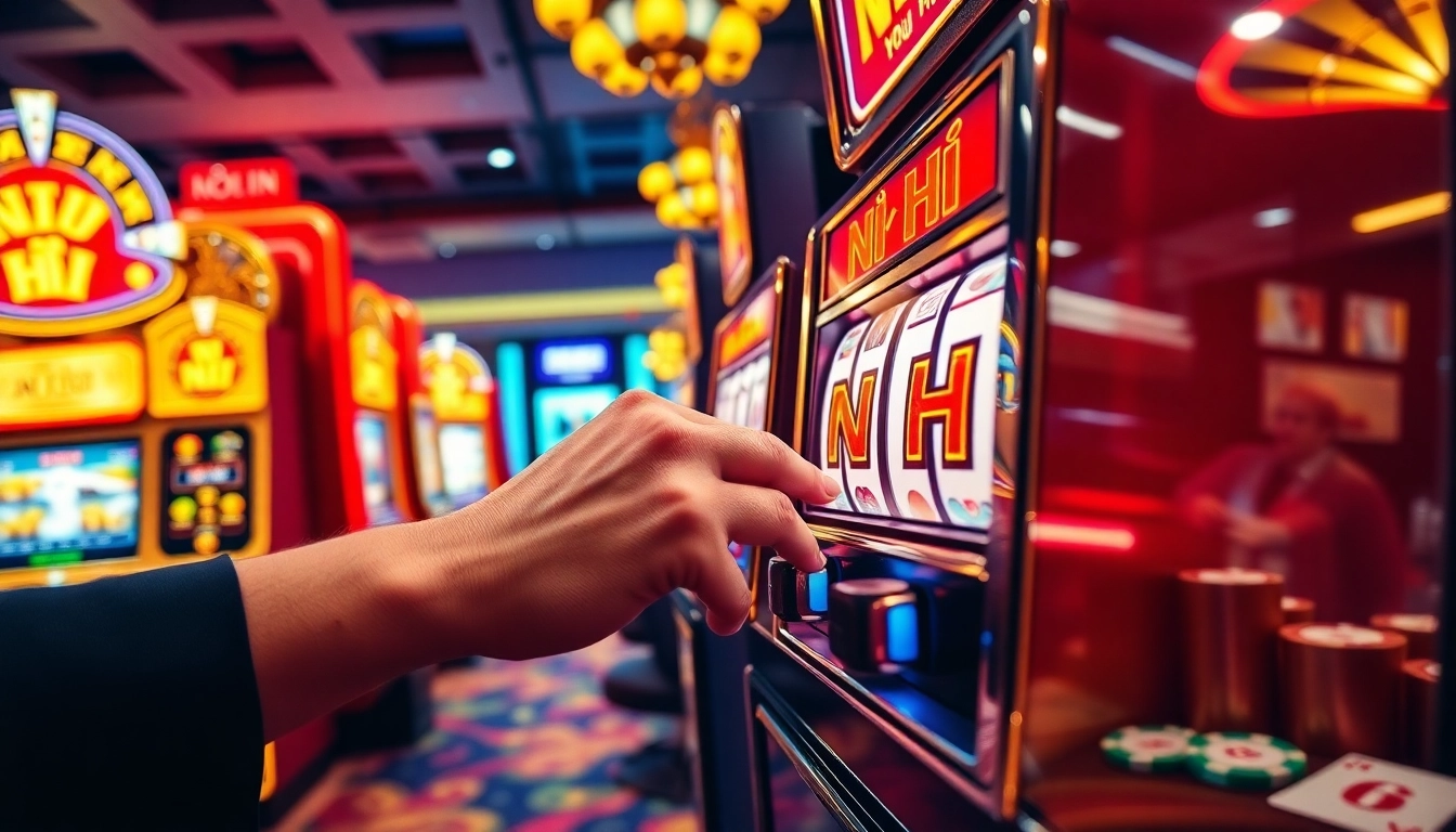 Nổ Hũ slot machine payout with engaging coins and a player pulling the lever