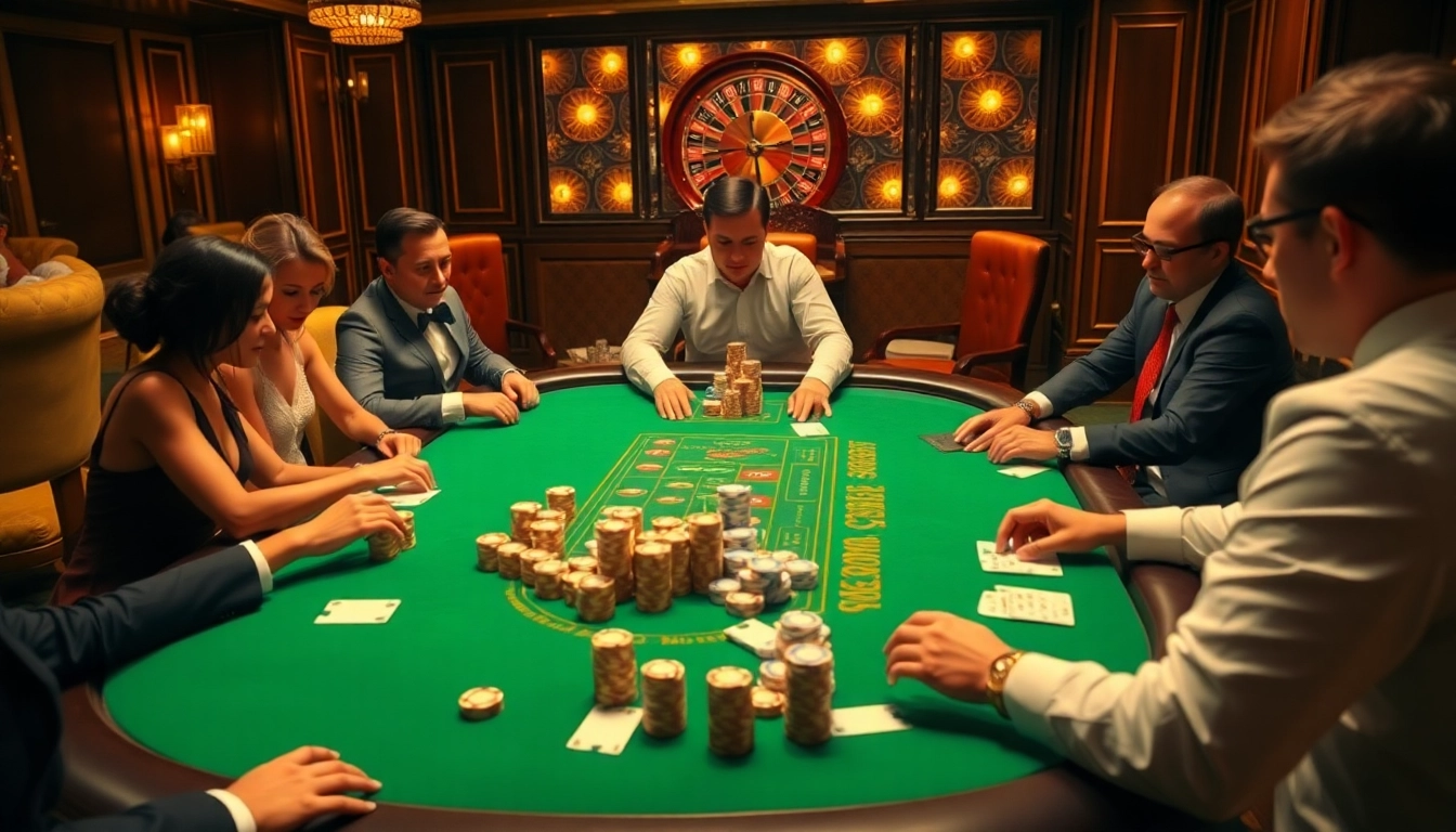 Visualize a thrilling poker room scene with active betting and the keyword Link vào oxbet featured prominently.
