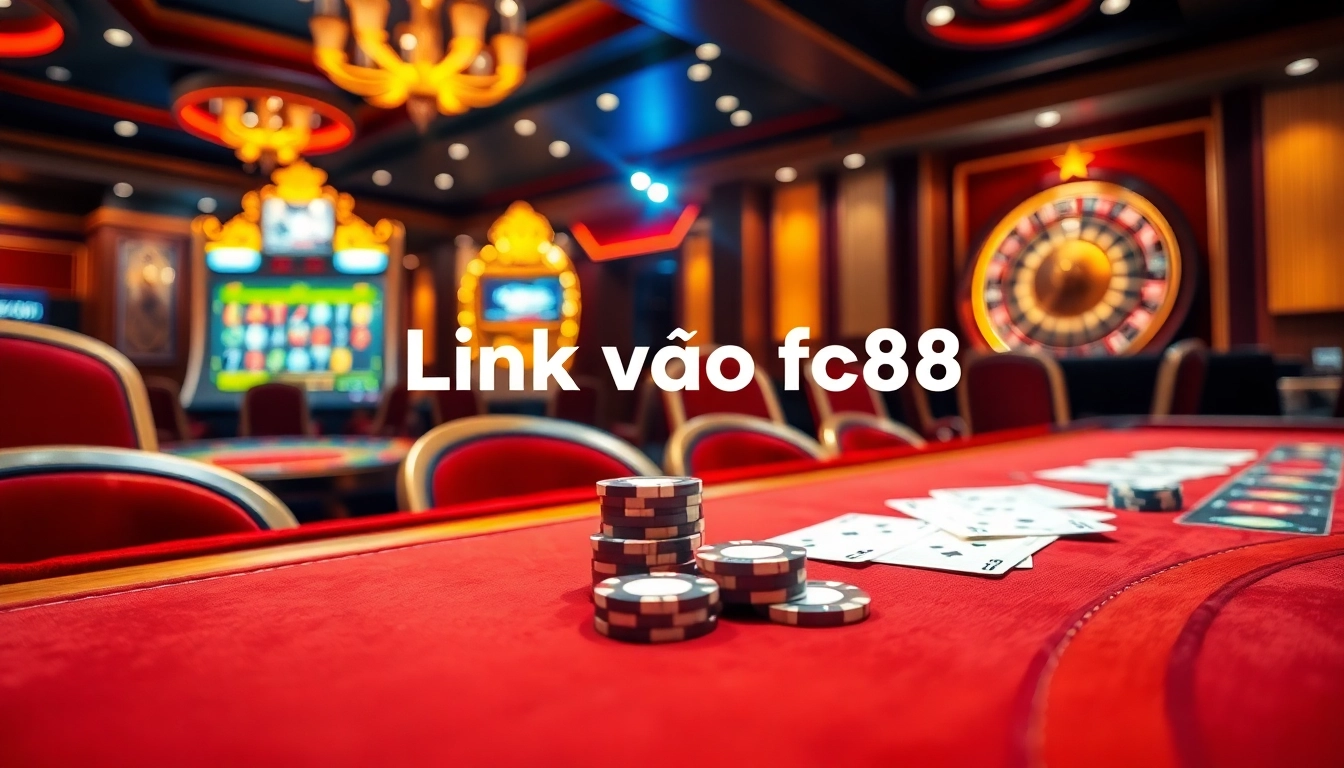 Experience the thrill of Link vào fc88 featuring a vibrant casino setup with tables, cards, and slot machines.