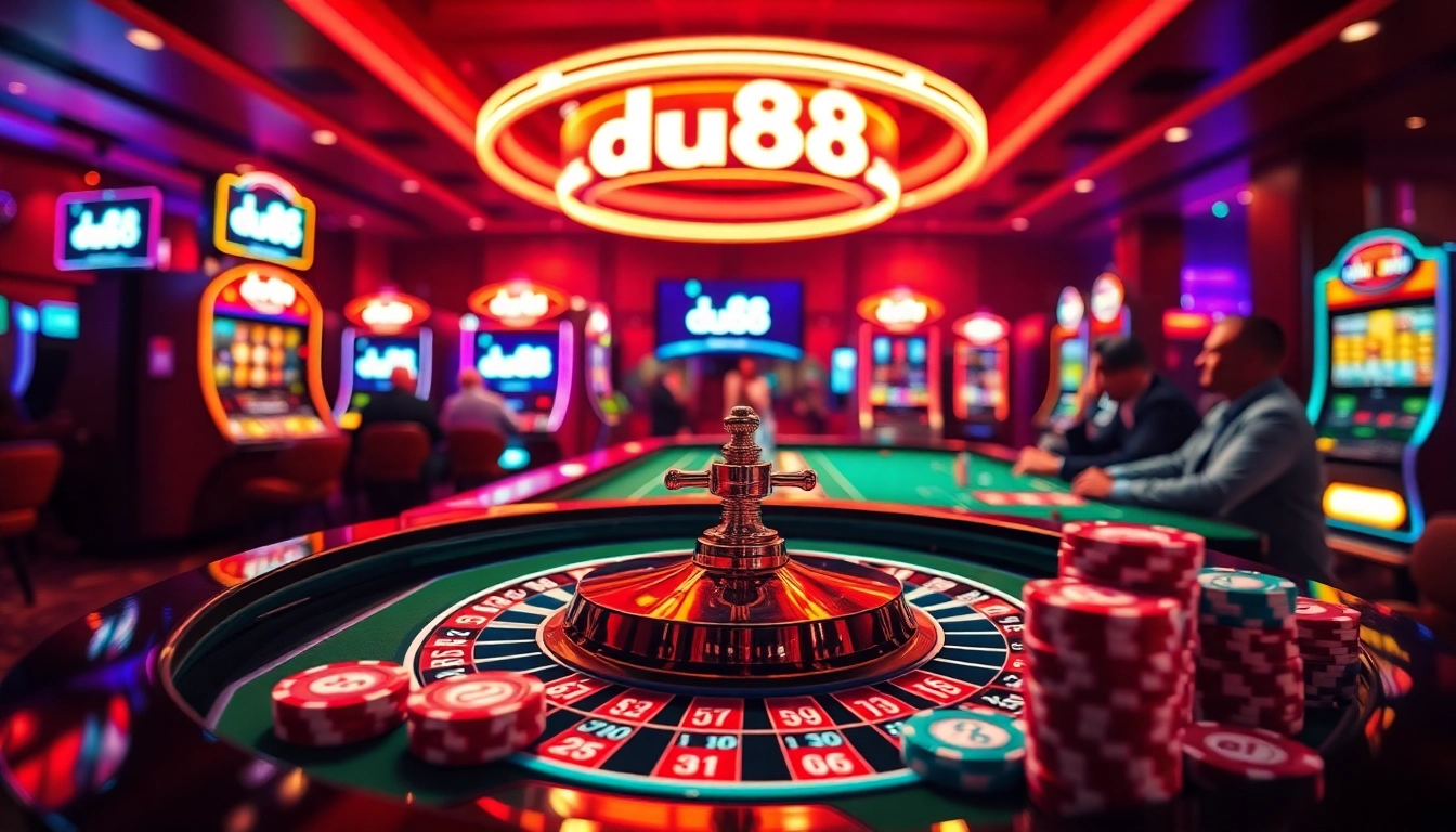 Experience thrilling betting action at a casino featuring 'Link vào du88' on vibrant screens with poker and roulette tables.