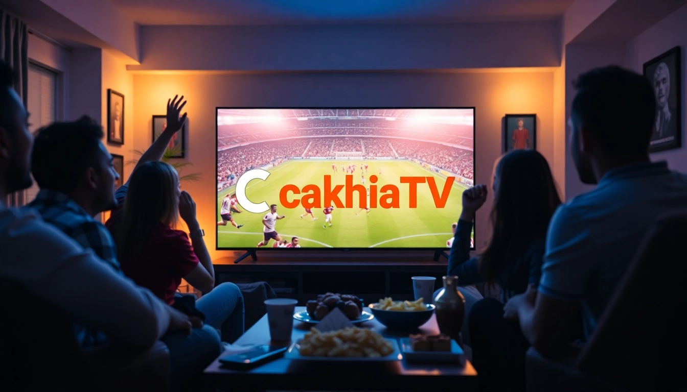 Cakhia TV logo displayed on a cozy living room screen showing a live football match, capturing excitement and community.