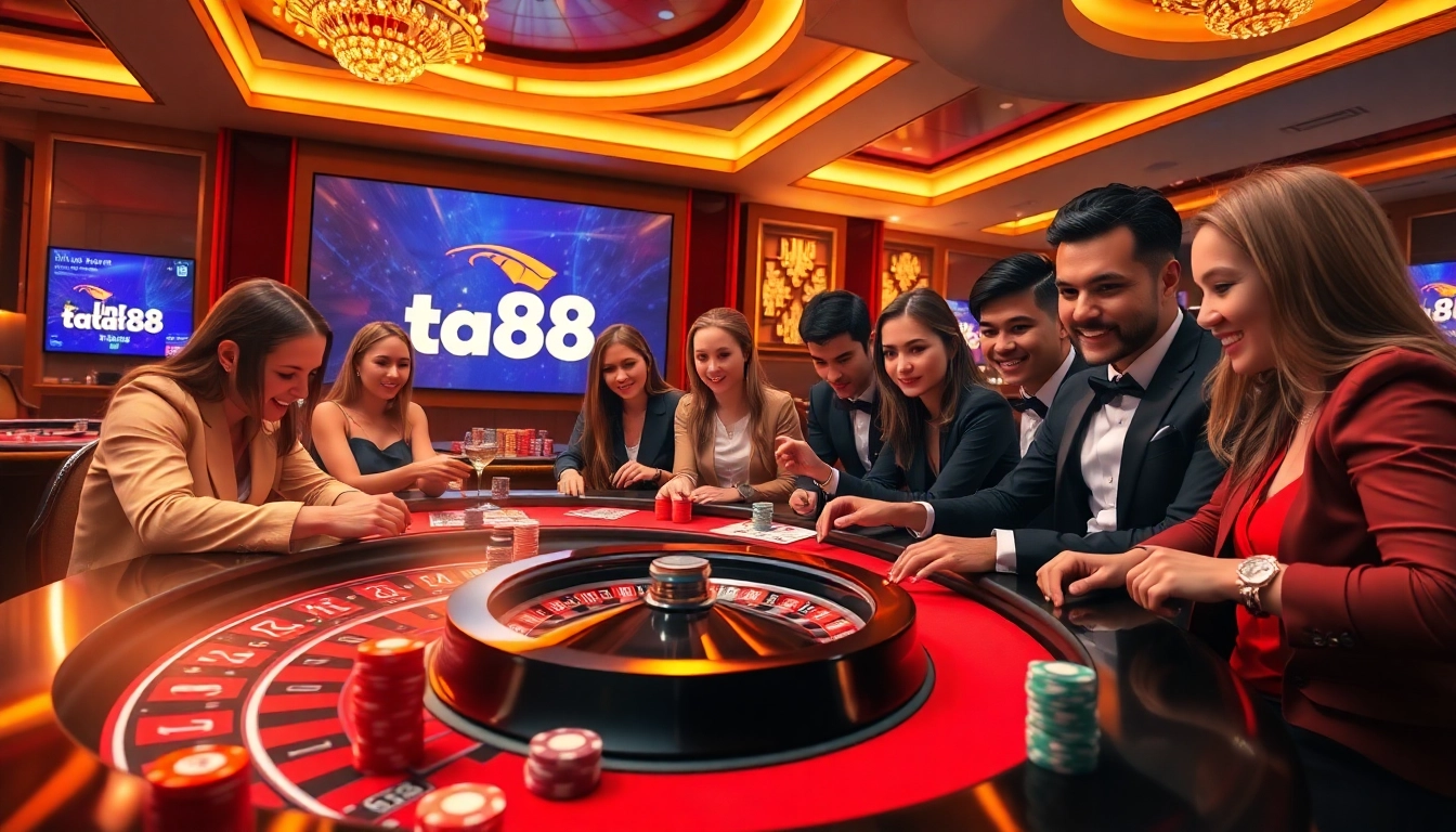 Action-packed gambling scene showcasing the excitement of Link vào ta88 with players at a casino table.