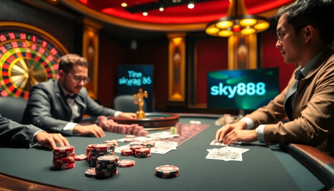 Engage in thrilling gaming experiences with Link vào sky88 at an upscale casino table.